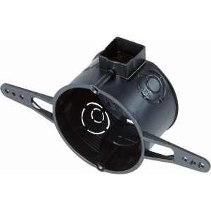 Schwarze ISO Schalterdose Ø 60 mm mit Nagelleiste für Unterputz-Montage.