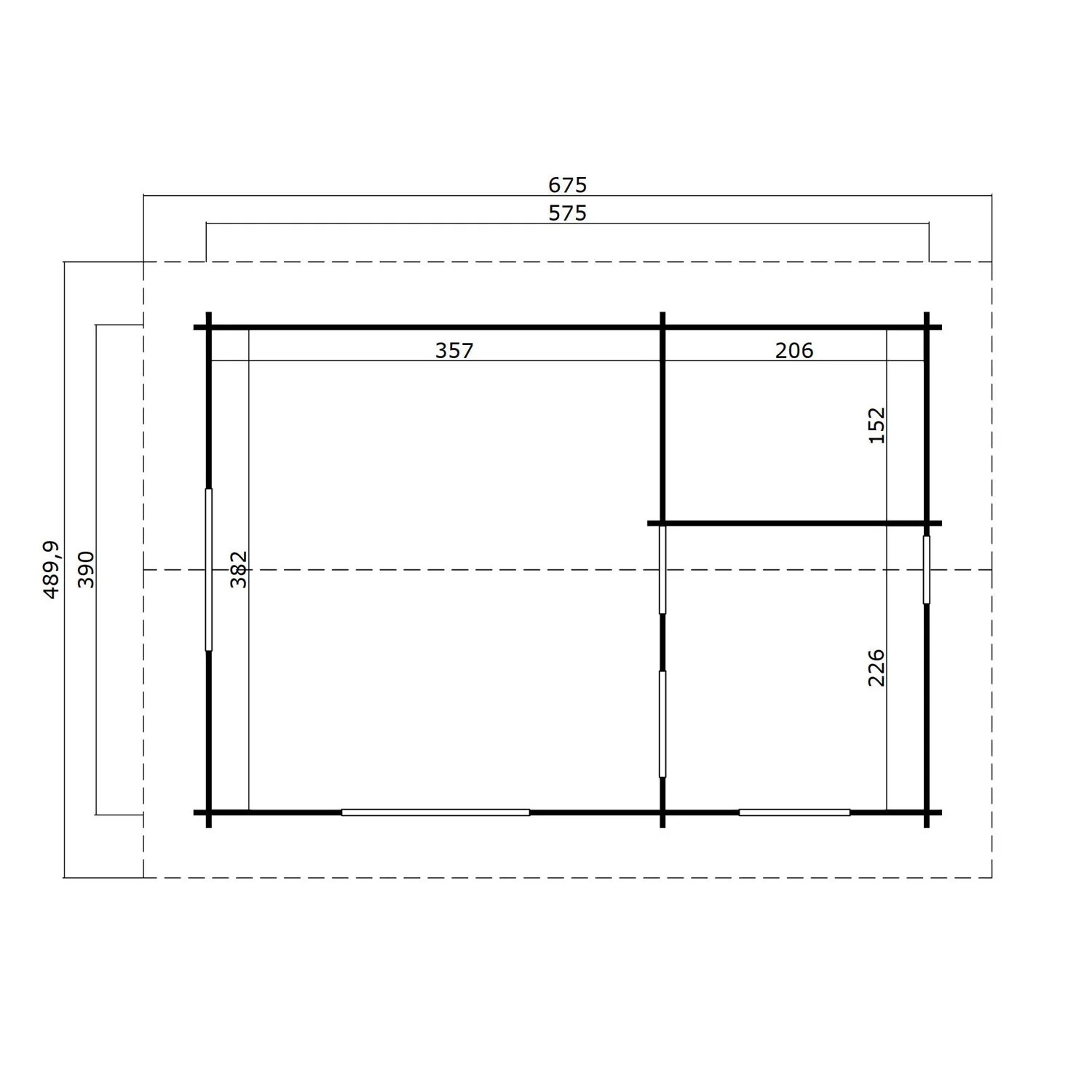 Grundriss des Lasita Maja Gartenhaus Caroline Set, 575x390cm, mit Maßangaben.