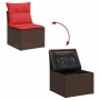 Braune vidaXL Garten-Sofagarnitur aus Rattan mit roten Kissen und Stauraum.