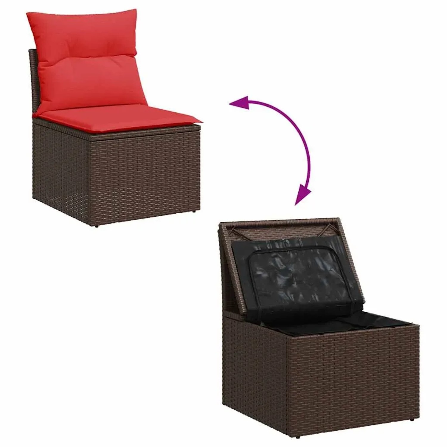 Braune vidaXL Garten-Sofagarnitur aus Rattan mit roten Kissen und Stauraum.
