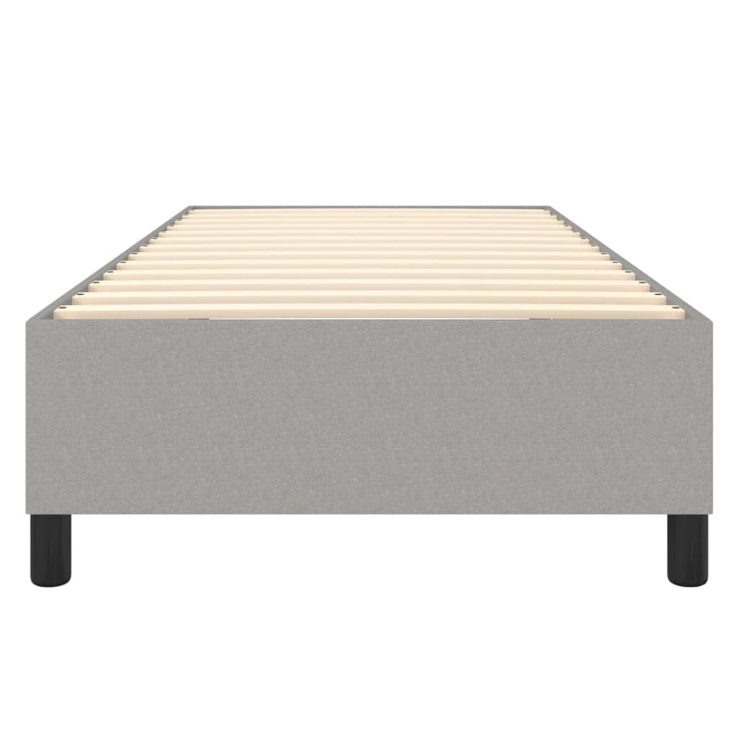 Hellgraues Boxspringbett 100x200 cm aus Stoff. Bett mit Lattenrost und schwarzen Füßen.
