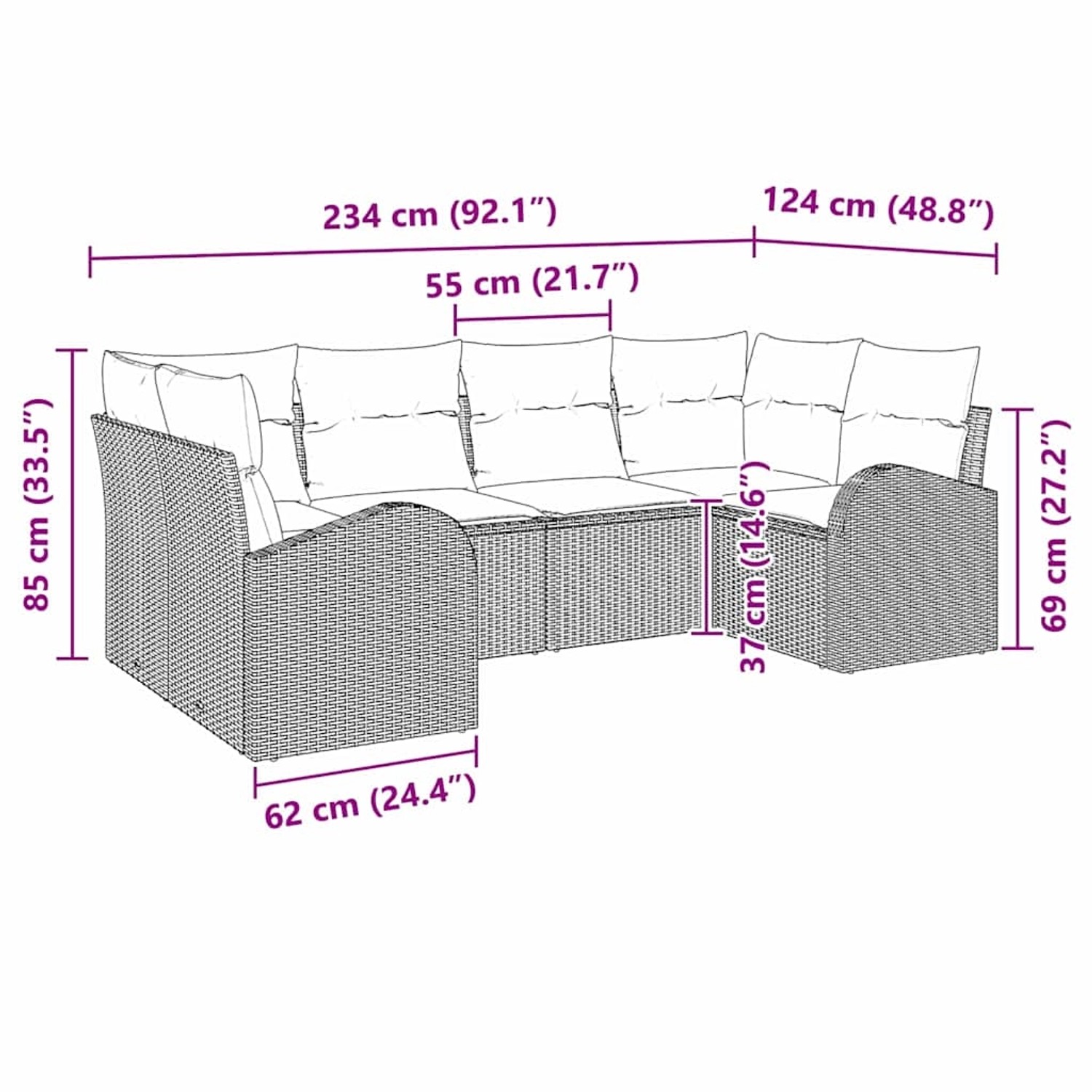 Hellgraues 6-teiliges Garten-Sofa-Set aus Polyrattan mit Maßangaben.