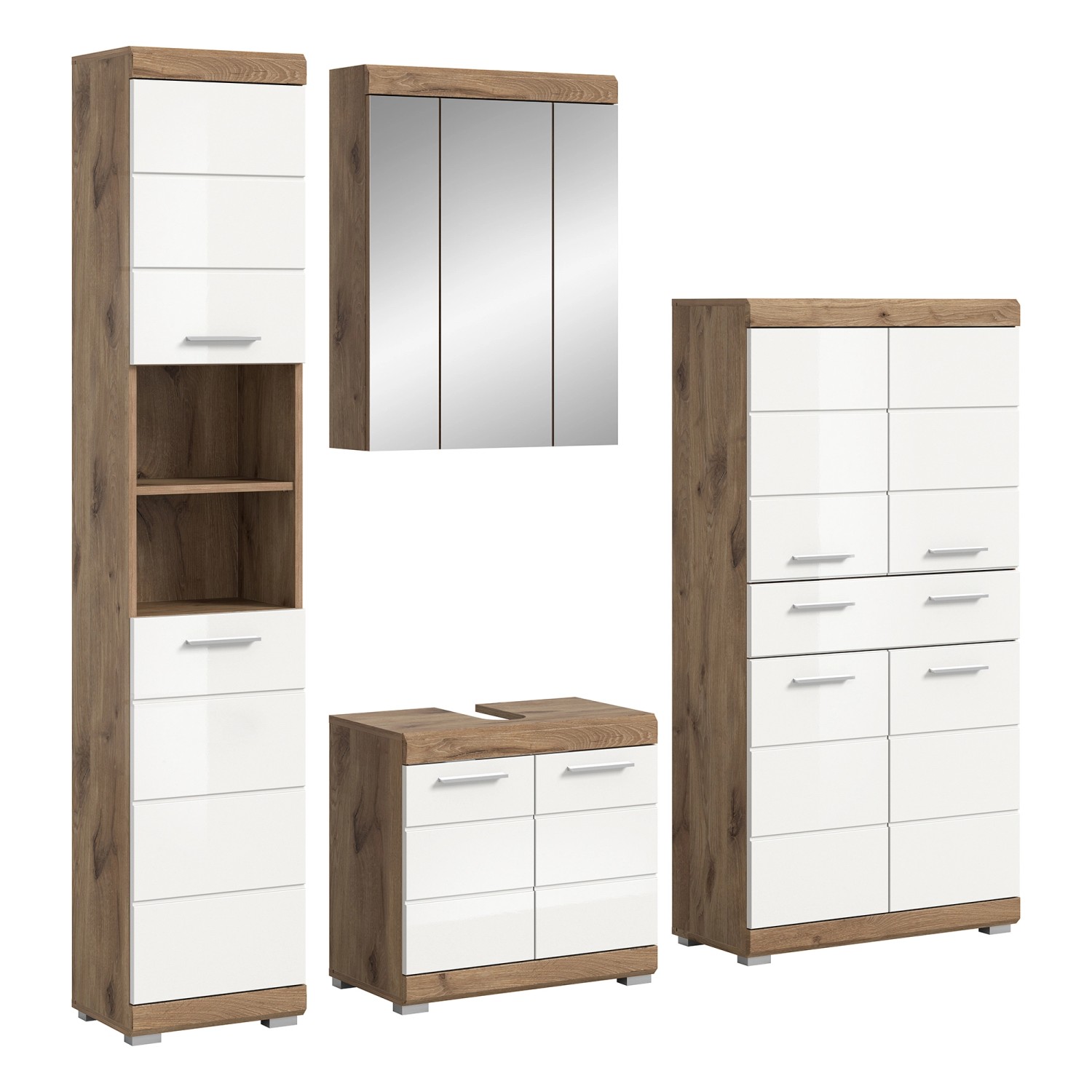 Badkombination Wave m. Spiegelschrank Weiß Hochglanz/Nox Oak 204 cm 4-tlg. günstig online kaufen