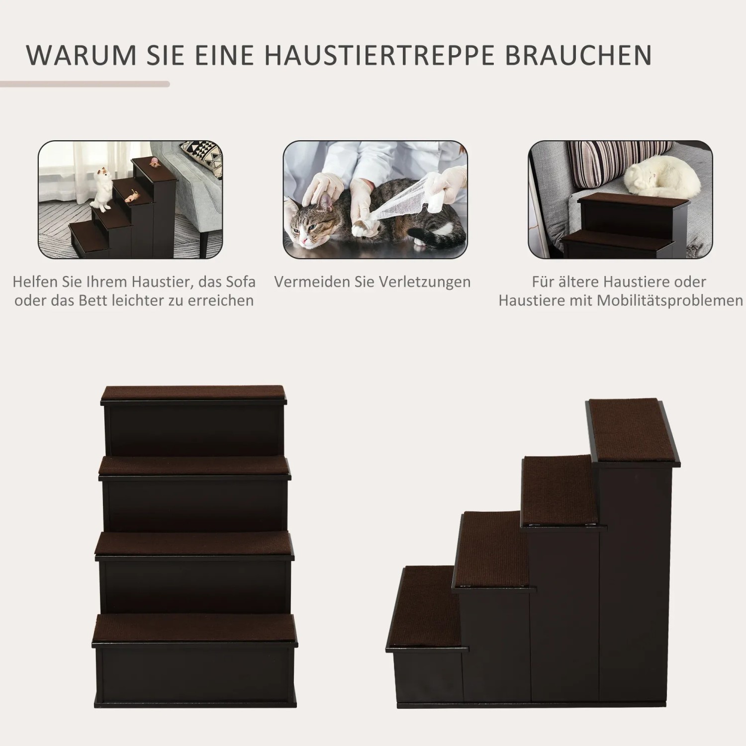 PawHut 4-Stufen Haustiertreppe in Braun, ideal als Aufstiegshilfe für Hunde und Katzen.