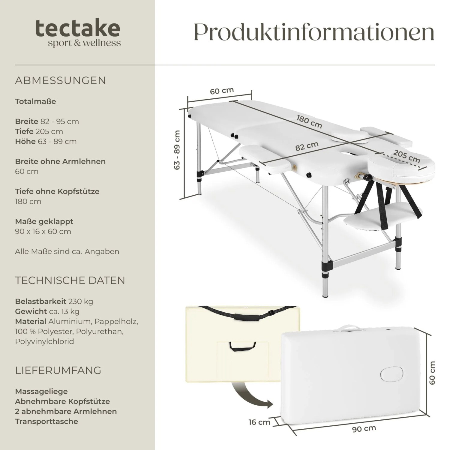 Tectake 2 Zonen Massageliege Breite 60 cm Polsterung 4 cm Inklusive Tragetasche 205 x 60 x 89 cm Weiß_6