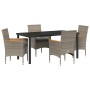 Graue 5-tlg. vidaXL Garten Essgruppe aus Polyrattan mit Tisch und Stühlen inklusive Sitzkissen.