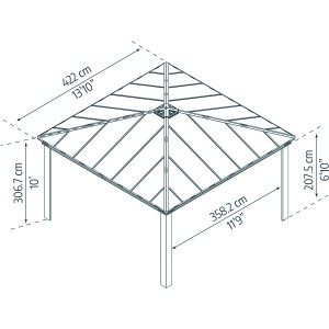 Technische Zeichnung: Palram Canopia Carport Colorado, 425x426 cm, grauer Aluminiumrahmen, Polycarbonat-Dachplatten mit Maßen.