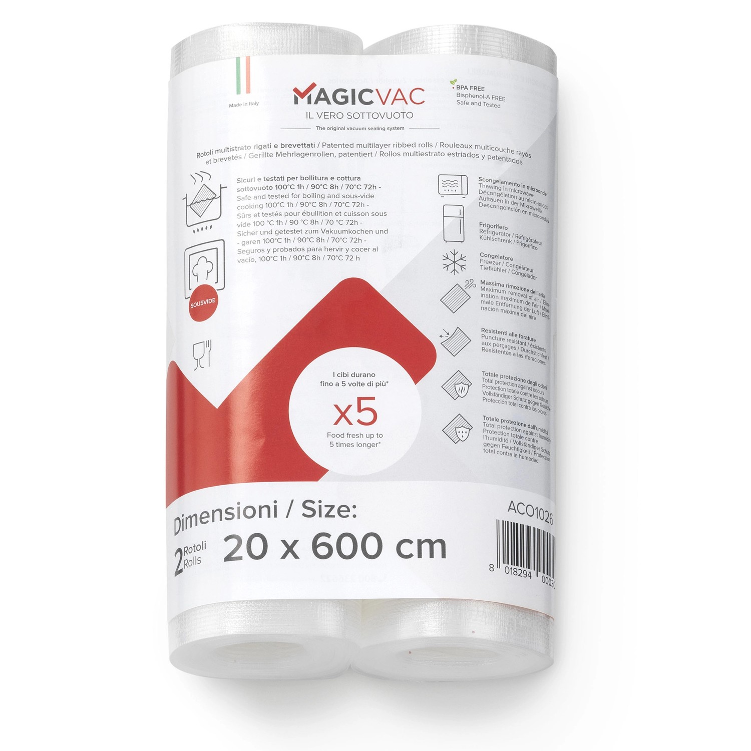 Magic Vac Vakuumierfolienrollen ACO1026 mit Label 20 cm x 600 cm 2 Stück