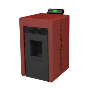 Roter SCHENGER Pelletofen HLP3402 mit schwarzer Tür und Display. Vollautomatischer Ofen mit WLAN und Eco Modus.
