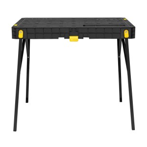 Stanley Essential Werkbank, einklappbar, mit schwarzem Gestell und gelben Details.