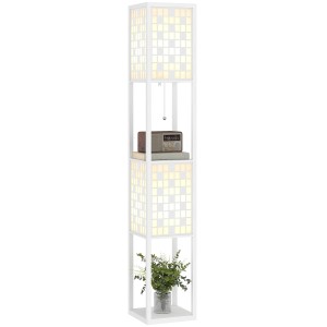 Weiße HOMCOM Stehlampe mit Regalen und gemustertem Lampenschirm für Innenleuchten.