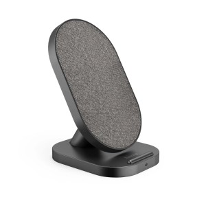 Hama QI-FC10S-Fab Wireless Charger, kabellose Ladestation in Schwarz mit Stoffoberfläche.