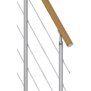 Detailaufnahme Dolle Mittelholmtreppe Basel: Geländer mit Holzhandlauf und Edelstahlstäben.