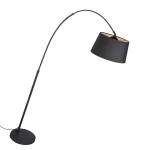 Moderne, schwarze Bogenlampe Arc Basic mit Stoffschirm für Innenleuchten.