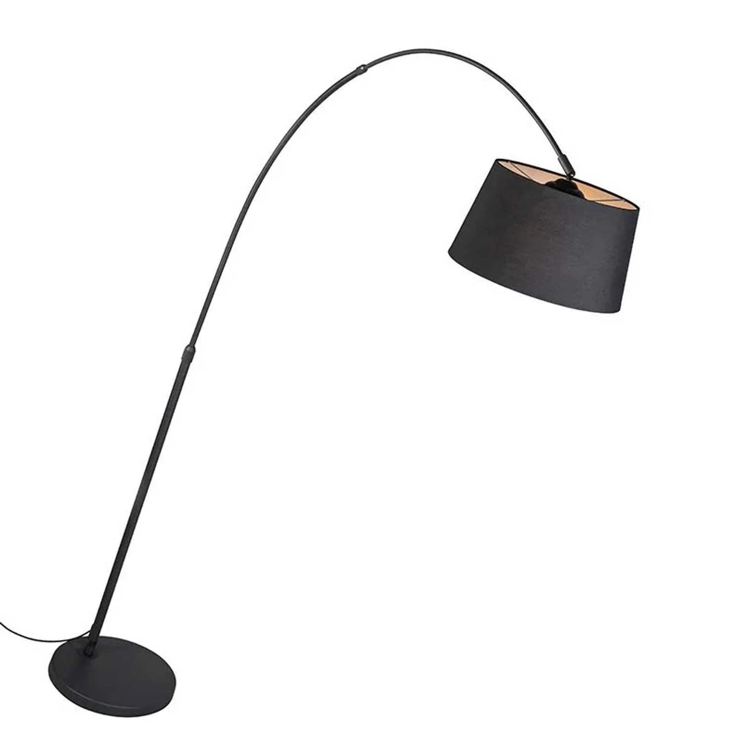 Moderne, schwarze Bogenlampe Arc Basic mit Stoffschirm für Innenleuchten.