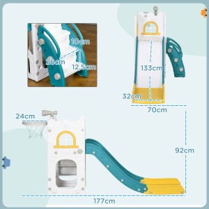 AIYAPLAY 4-in-1 Kinderrutsche mit Basketballkorb und Klettergerüst, Maße sind auf dem Bild dargestellt.