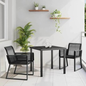 Schwarze 3-tlg. vidaXL Garten Essgruppe aus Poly Rattan. Gartenmöbel Set mit Tisch und zwei Stühlen.