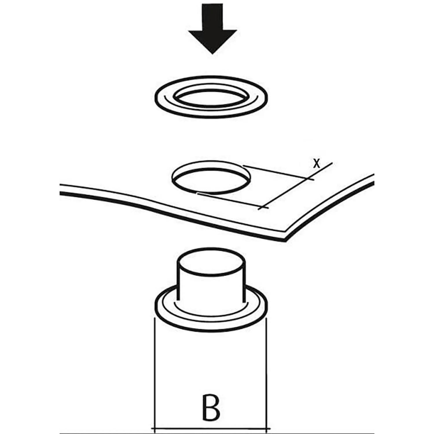 Skizze: Conacord Öse mit Scheibe, Messing vernickelt, Ø 12 mm, 10er Pack, Montageanleitung.