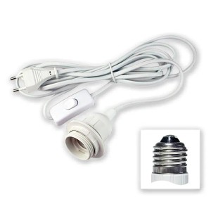 Weißes Netzkabel mit Euro-Stecker, integriertem Schalter und E27 Lampenfassung für Leuchten. 3,5m lang.