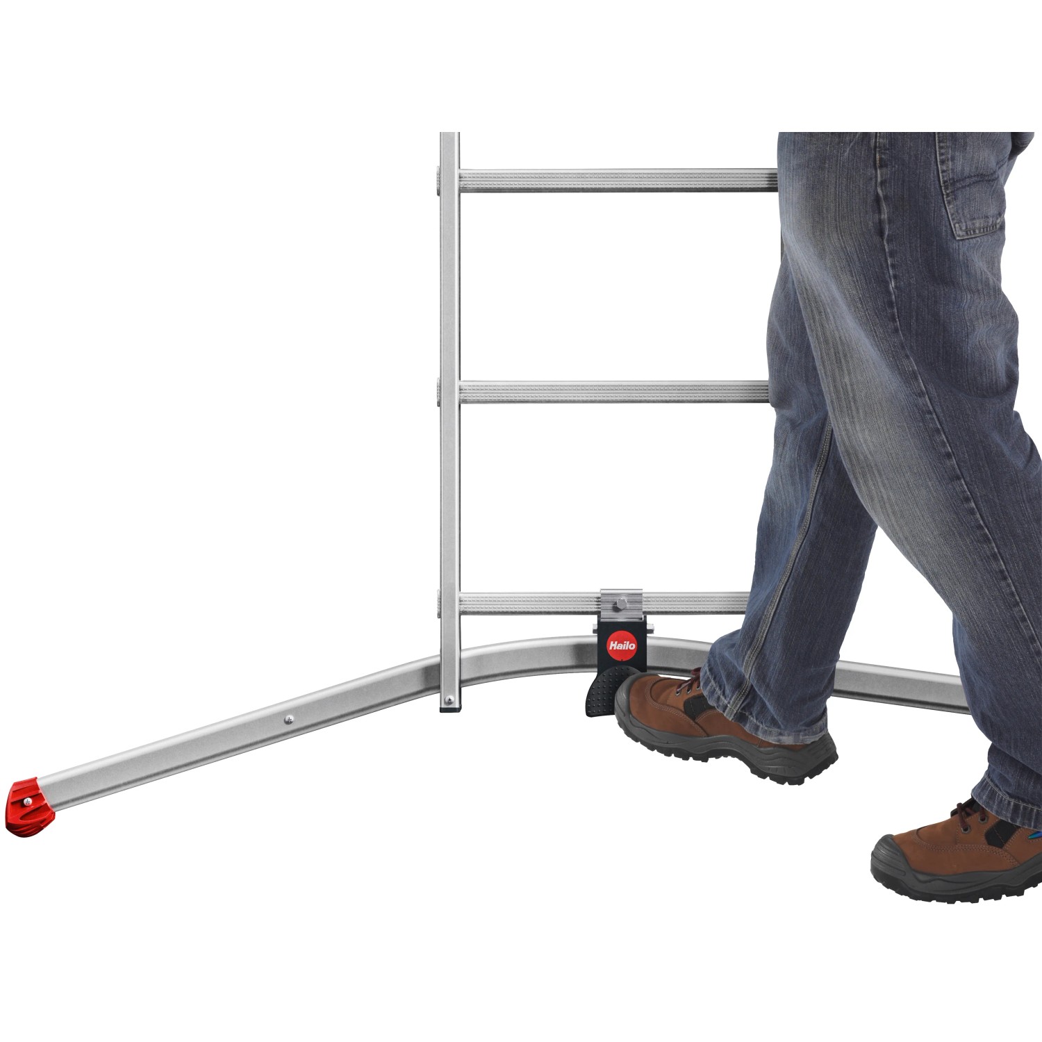 Hailo Alu-Kombileiter S100 Profi Lot im Einsatz: Fuß betätigt Pedal zur Nivellierung.