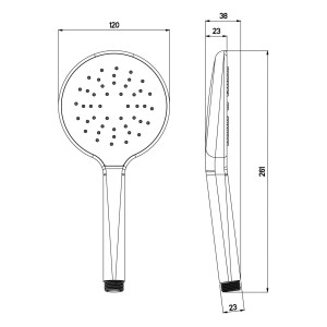 Sturotec Handbrause, rund, Chrom, Eco-Line, 6 l/min, technische Zeichnung mit Maßen.