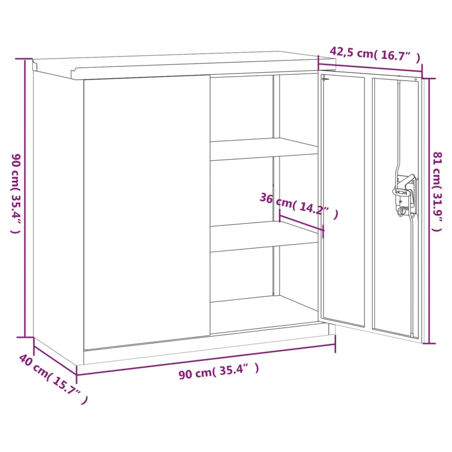 Weißer vidaXL Aktenschrank aus Stahl, 90x40x90 cm, mit zwei Einlegeböden und abschließbarer Tür.