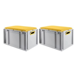 Sparset: 2 graue Euroboxen mit gelbem Sitzkissen, 65L. Aufbewahrungsboxen für Werkstatt, Lager & Transport.