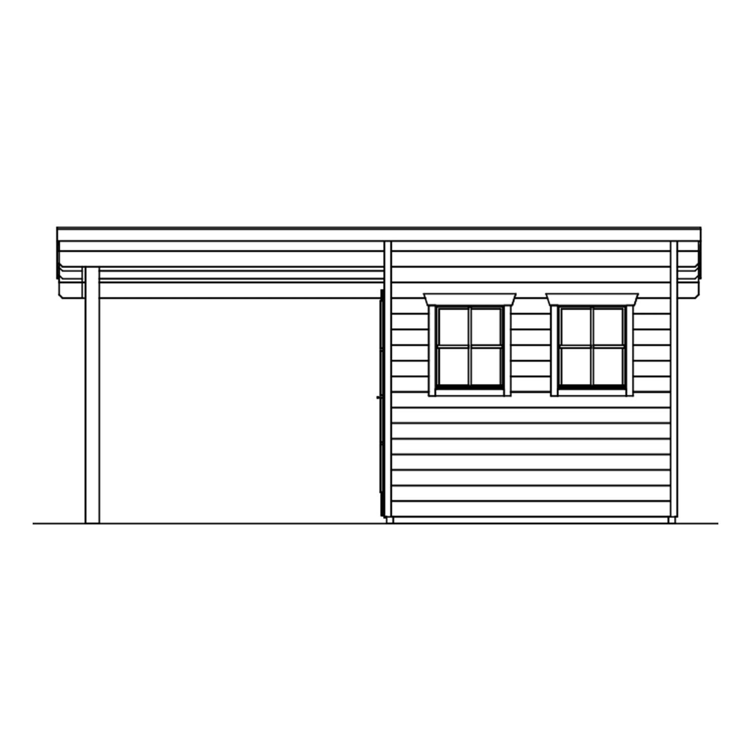 Illustration eines grauen Skan Holz Gartenhauses Dilbeek mit seitlicher Überdachung und zwei Fenstern.