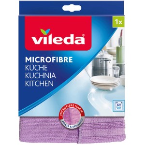 Vileda Mikrofaser Allzwecktuch 2in1, lila. Das Tuch hat zwei Seiten für unterschiedliche Reinigungsaufgaben.