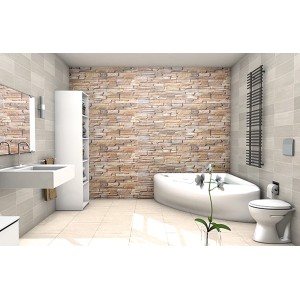 Modernes Badezimmer mit Natursteinwand, Badewanne, Waschbecken und Toilette.