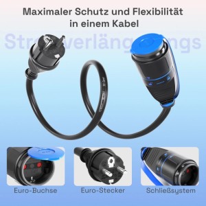 Schwarzes 5m hb-digital Verlängerungskabel für Außenbereich mit Sicherheitsverschluss.