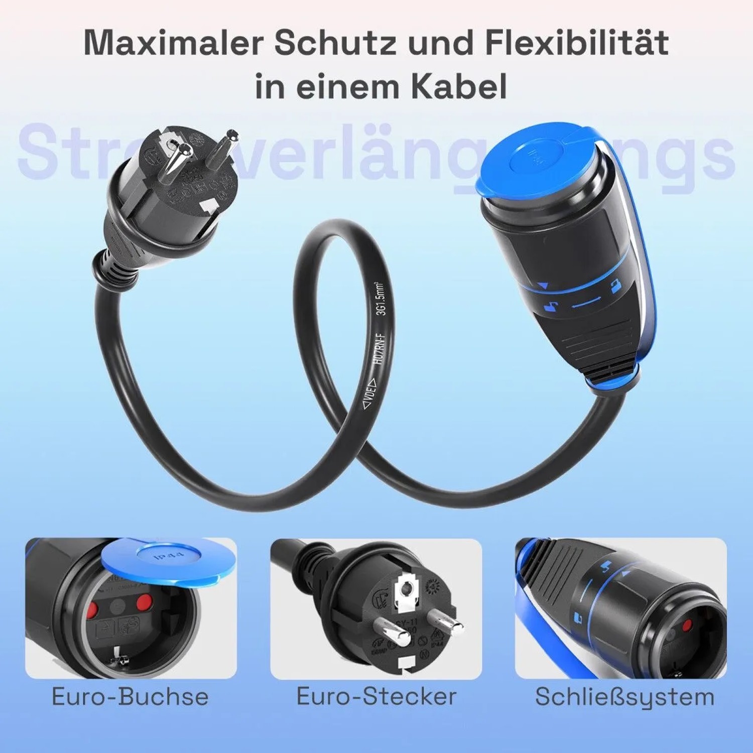 Schwarzes 5m hb-digital Verlängerungskabel für Außenbereich mit Sicherheitsverschluss.