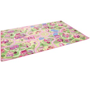 Rosa Kinder Spielteppich mit Dorf-Motiv, 100x100 cm. Kurzflorteppich für Mädchen.