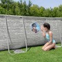 Bestway Stahlrahmenpool Set Power Steel Swim Vista mit Fenster und zwei Mädchen im Garten.