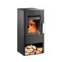 Schwarzer Haas+Sohn Kaminofen aus Stahl, 6 kW, mit Holzfach und brennendem Feuer.