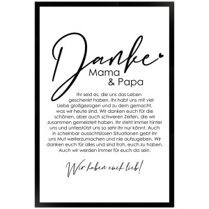 Gerahmtes Poster "Danke Mama und Papa" 40x60cm, Geschenkidee mit liebevollem Text im schwarzen Rahmen.