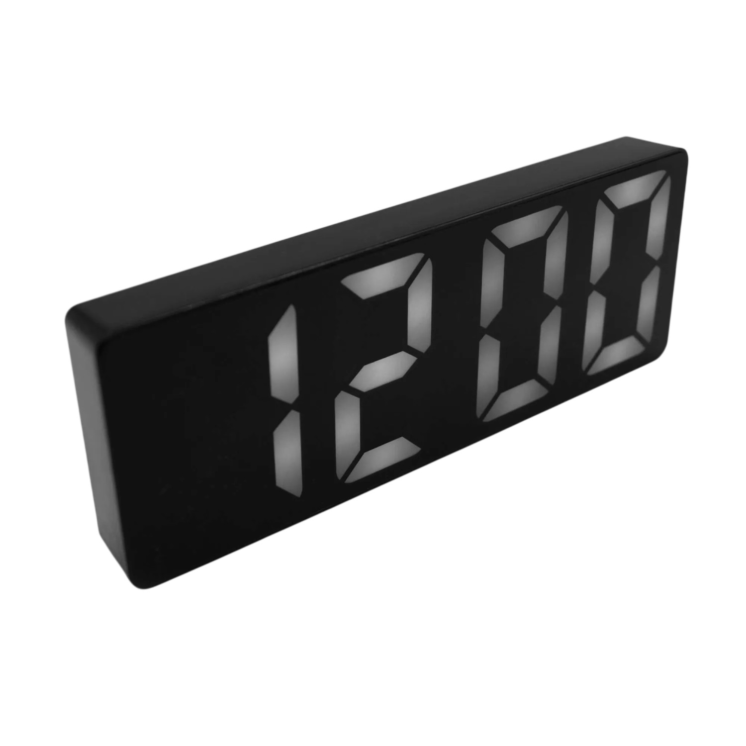 Schwarzer, rechteckiger Digitalwecker aus Kunststoff mit weißer LED-Anzeige. Ideal als Tischuhr mit Weckfunktion.