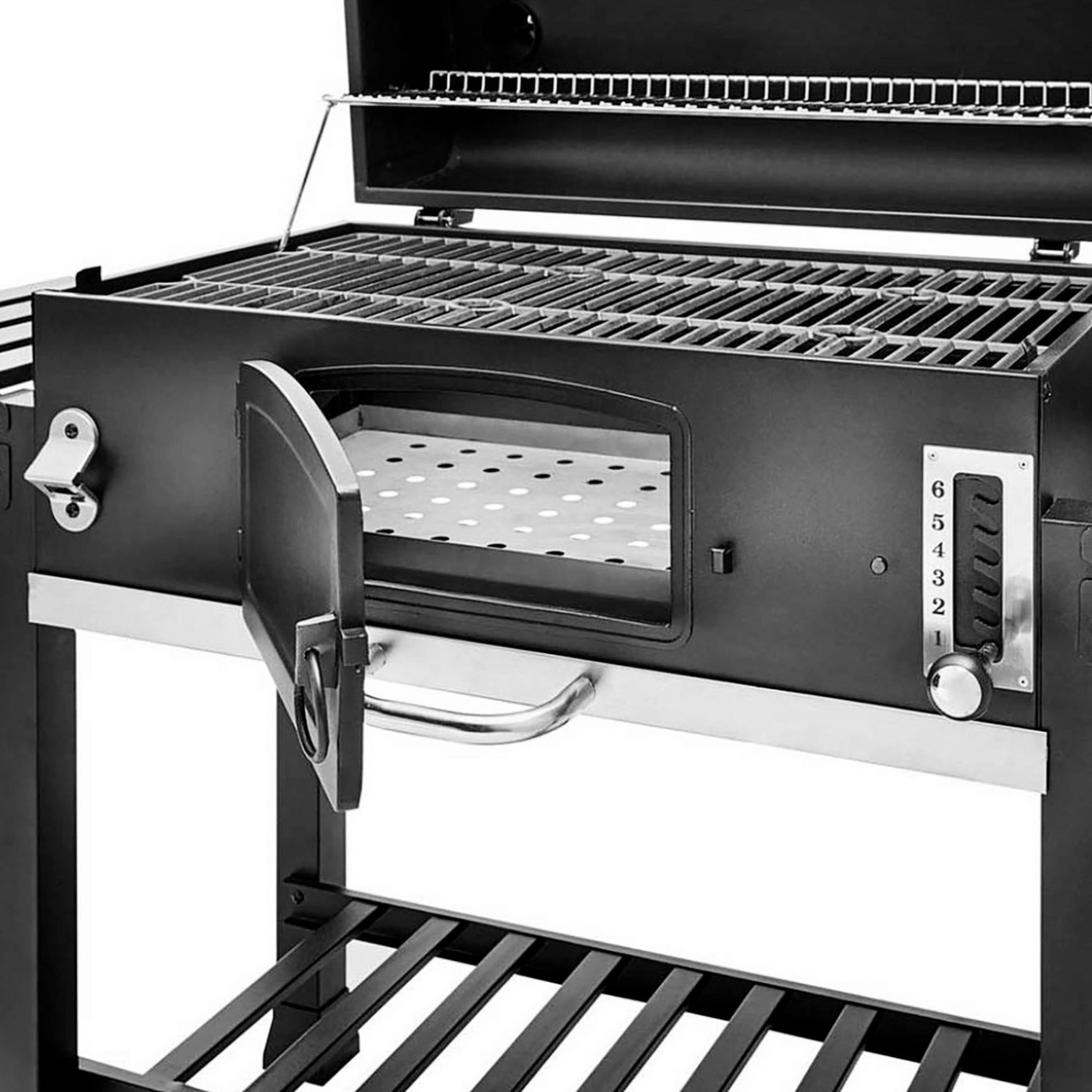 Detailansicht des Taino Hero XXL Smoker Grillwagens mit offener Kohleklappe und Temperaturregler.