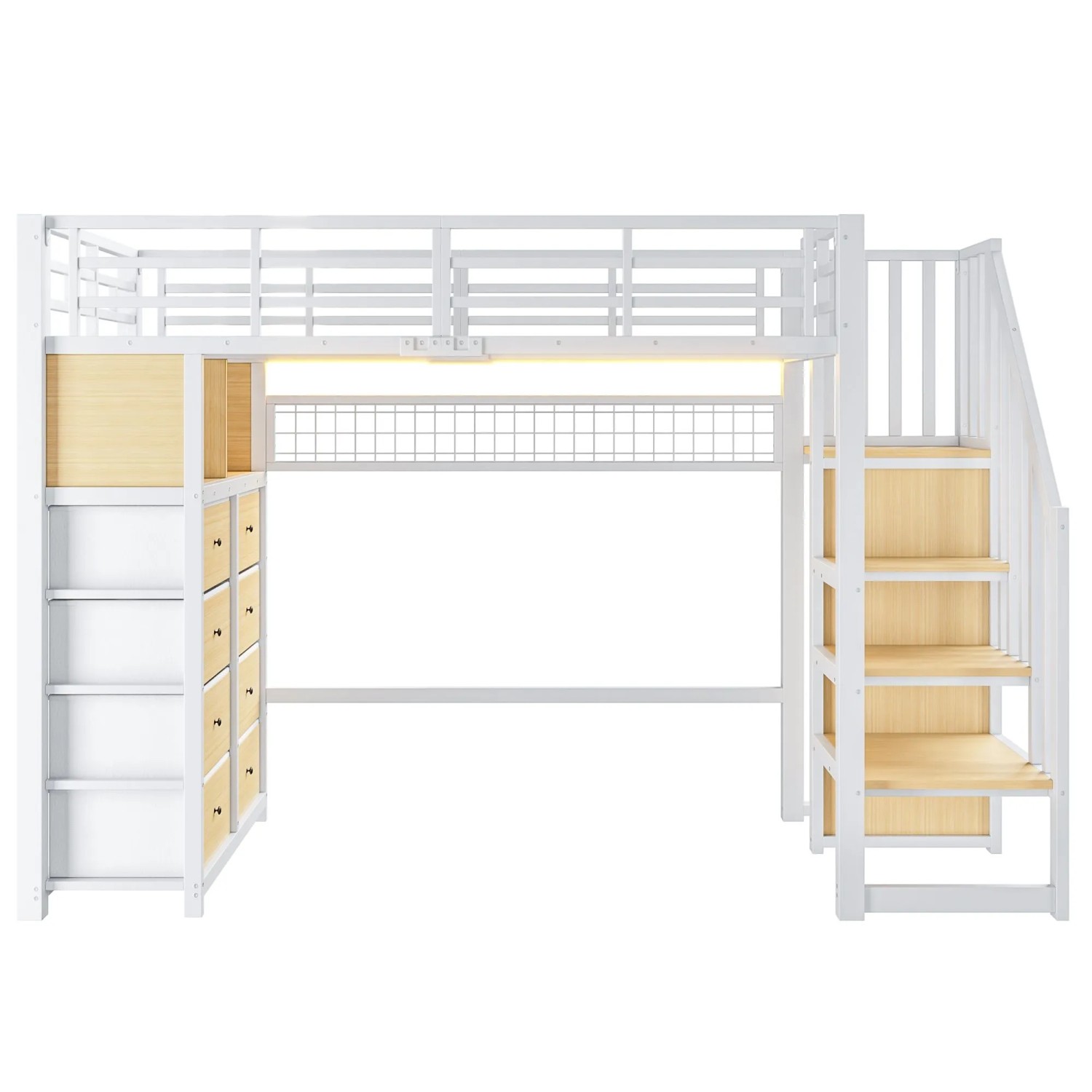 Merax Metall Kinder Hochbett 90x200 cm Mit 8 Schubladen Aufbewahrungsleiter Regalen LED Weiß