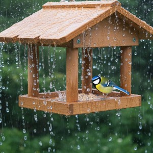Orangefarbenes Vogelfutterhaus aus Tannenholz mit Blaumeise im Regen.
