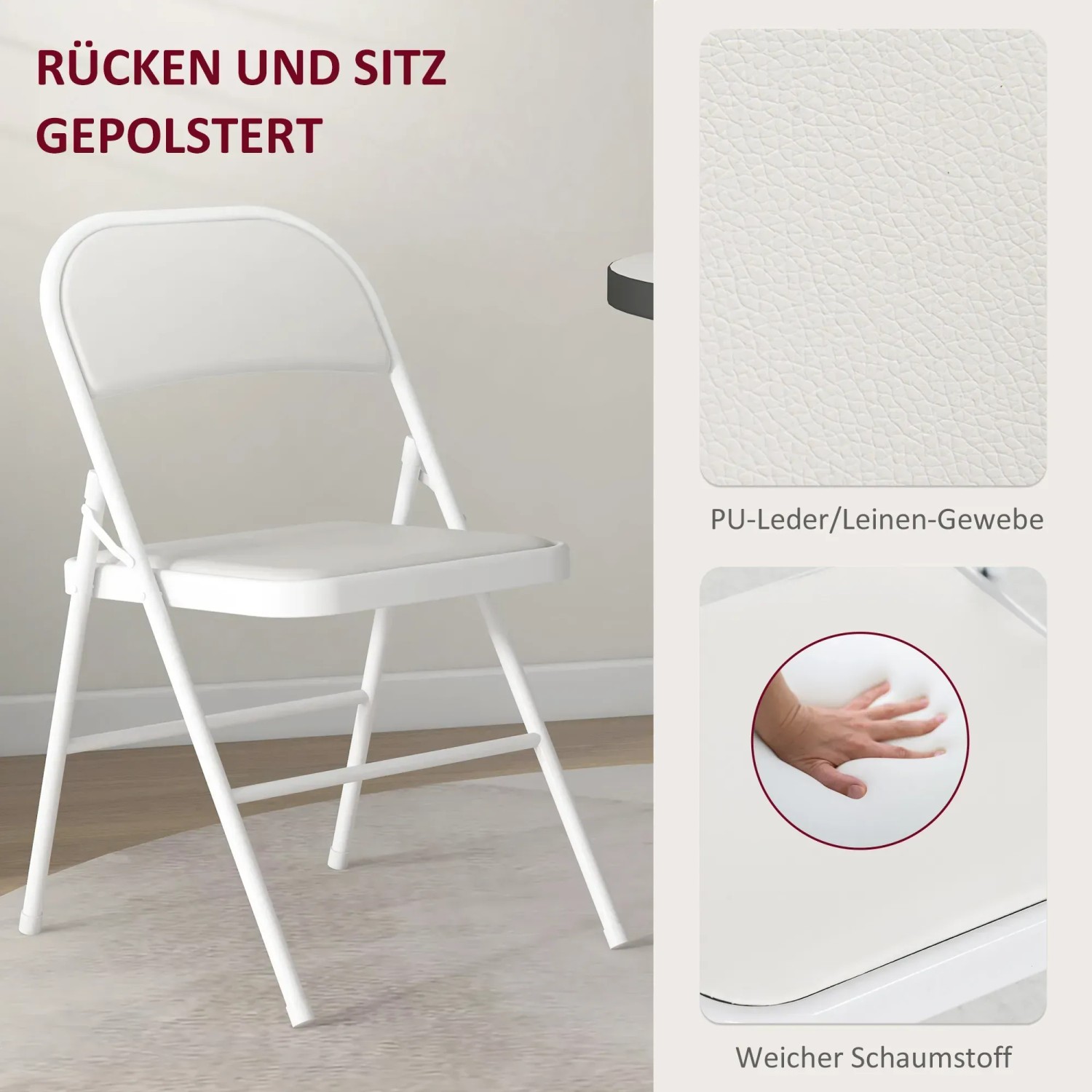 Weißer HOMCOM Klappstuhl mit Stahlrahmen und Kunstlederbezug. Esszimmerstuhl, platzsparend.