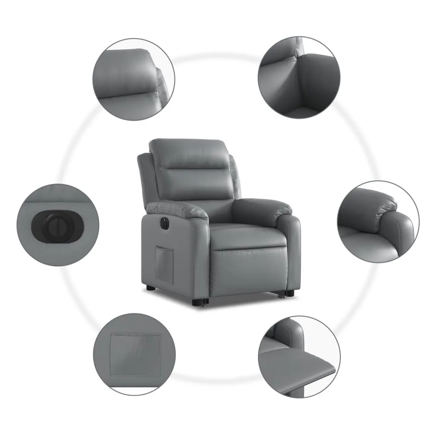 Grauer Relaxsessel mit Aufstehhilfe und elektrischer Funktion, Kunstleder. Details hervorgehoben.