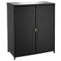 Schwarzer Tectake Gartenschrank Monza aus Rattan mit Glasplatte und zwei Türen.