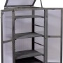 Dobar Anzuchtschrank Dome, großes Indoor Gewächshaus aus FSC®-Holz, anthrazit mit geöffneten Türen und Deckel.