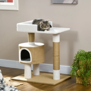 PawHut Kratzbaum, braun-weiß, mit Katzenbett, Höhle und Kratzsäulen.