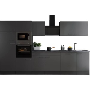 Moderne Respekta Küchenzeile Oliver 340 cm in Grau mit E-Geräten und Spüle.