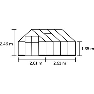 Skizze des schwarzen Halls Gewächshauses Qube+ 88 mit Maßangaben (2,46 m Höhe, 2,61 m Breite).