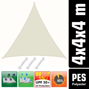 Beiges, dreieckiges AMANKA Sonnensegel aus Polyester, 3x3x3m, wasserabweisend, UPF 50+ UV-Schutz, mit D-Ringen und Seilen.