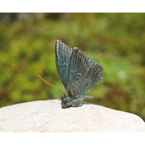 Deko-Figur: Schmetterling aus Bronze auf hellem Rosariofindling (12 cm) für die Gartendekoration.