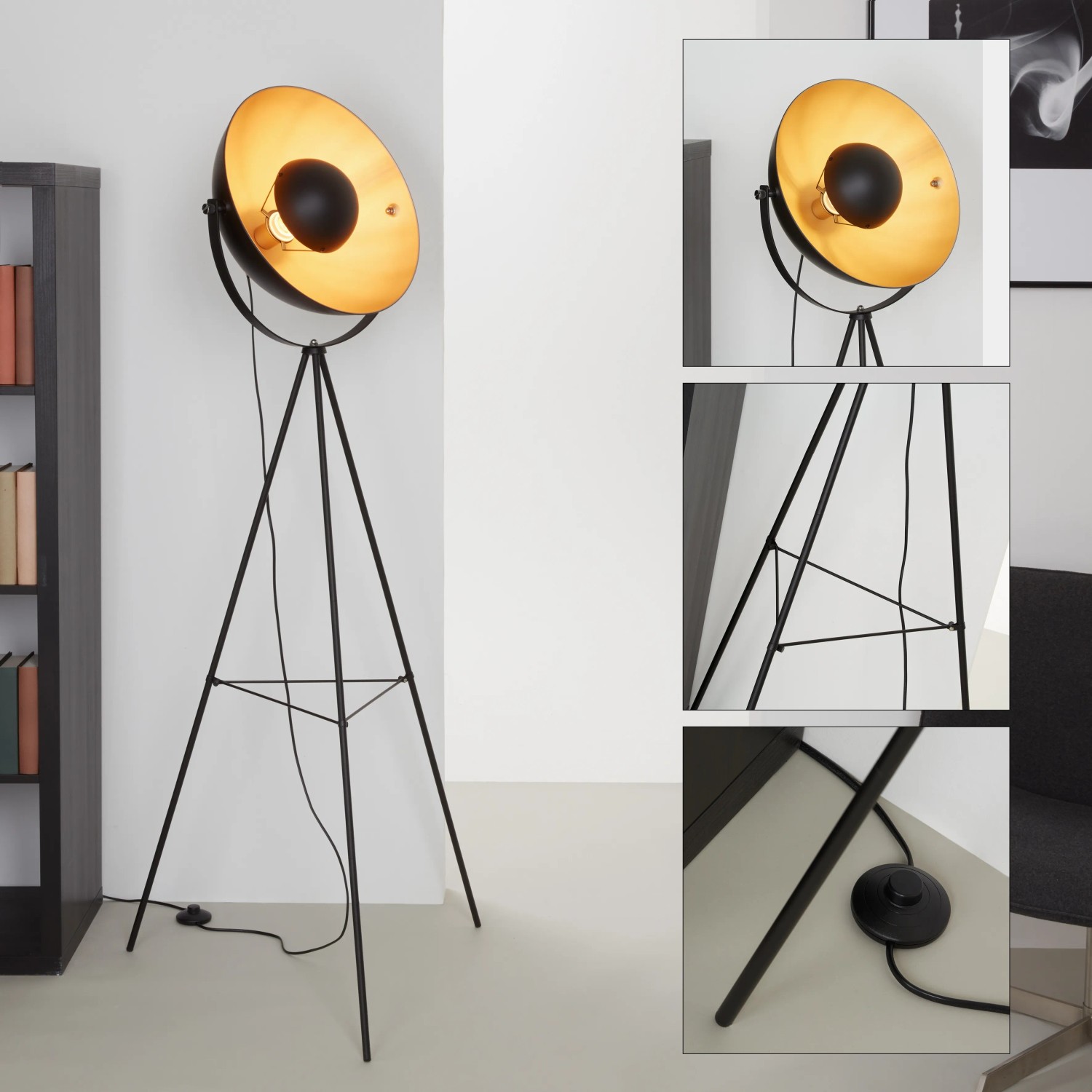 Brilo Stehleuchte Vintage in Schwarz-Gold mit Fußtaster, dreibeinige Design-Stehlampe für Innenräume.